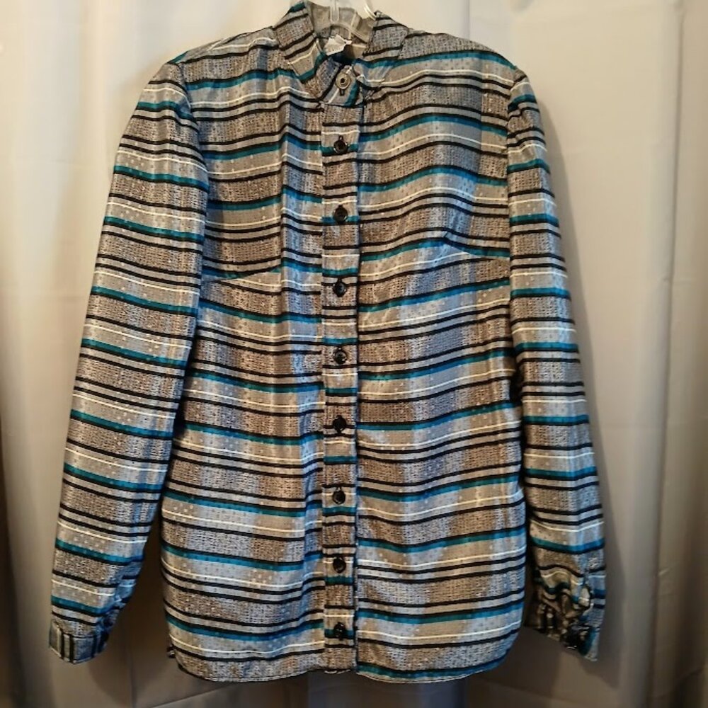 Nwt Slinky Stripe Button up Blouse Shirt womens M Gray Teal Blue Mock neck LongS